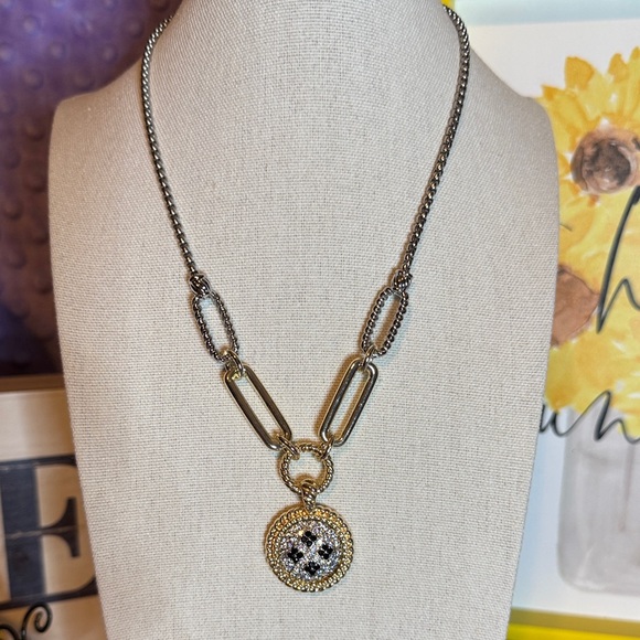 Jewelry - Two-Tone Pendant Necklace with Pave Crystal Medallion BNIB
